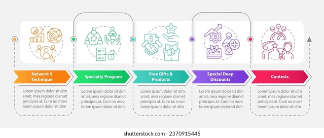 Act of kindness rectangle infographic template. Build brand loyalty. Data visualization with 5 steps. Editable timeline info chart. Workflow layout with line icons. Myriad Pro-Bold, Regular fonts used