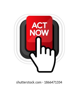 Act Now realistic button on black background. 3D flat style. Vector illustration.