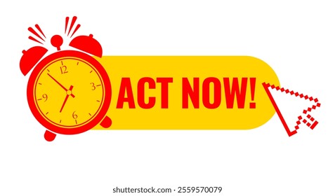 Act now reminder button illustration isolated on white background. Do not wait, urgent action required, click to renew your expiring app or product. Simple web graphics design with clock and cursor.