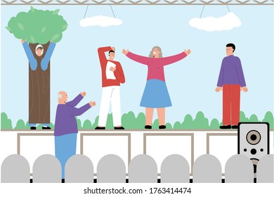 Acting hobby flat compositions with amateur theater group actors practicing play performance with stage manager vector illustration 