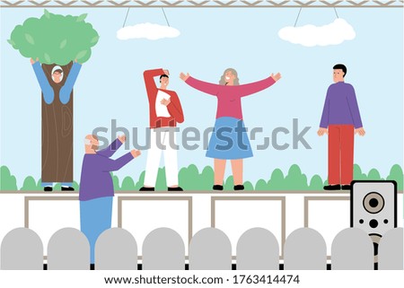 Acting hobby flat compositions with amateur theater group actors practicing play performance with stage manager vector illustration 