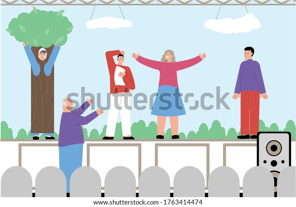 Acting hobby flat compositions with amateur theater\
group actors practicing play performance with stage manager vector\
illustration 