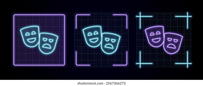 Acting performance icon illustration, cyber neon visual, glowing border grid vector.