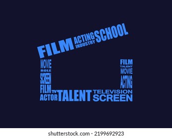 Acting School, Film Word Mark Logo Panel.Decorative Bold Text Lettering.Screen, Theatre, Television Industry Typography Concept. Creative Initials Isolated On Dark Background.