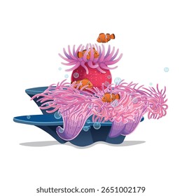 Actinia com peixe-palhaço, anêmona. Ilustração vetorial de recife de coral em desenho animado.