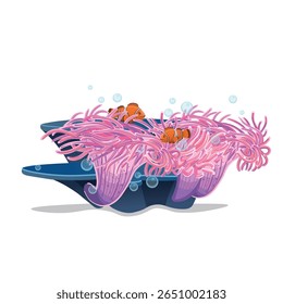 Actinia com peixe-palhaço, anêmona. Ilustração vetorial de recife de coral em desenho animado.