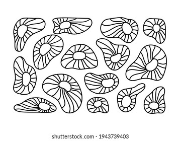 Actinia doodle icons set. Contour elements, cartoon design. Black hand drawn illustration of different sea anemone. Linear flat isolated vector, white background