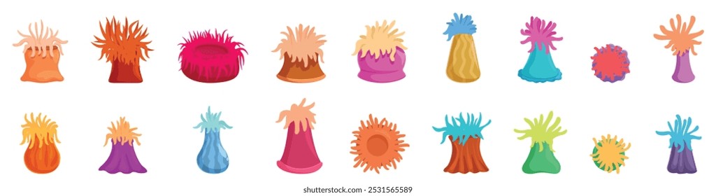 Actinia icons set. Set of cartoon colorful sea anemones showing different shapes and textures