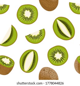Actinidia deliciosa. Vector seamless pattern of ripe cut and chopped kiwi. pattern with tropical exotic fruit for wallpaper, textile and print. green kiwi slices. 