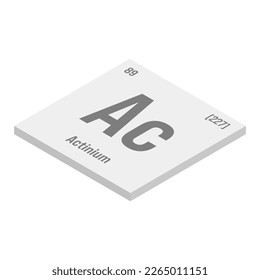 Actinium, Ac, Ilustración isométrica gris 3D del elemento de tabla periódica con nombre, símbolo, número atómico y peso. Elemento radiactivo con usos potenciales en el tratamiento del cáncer y como fuente de neutrones
