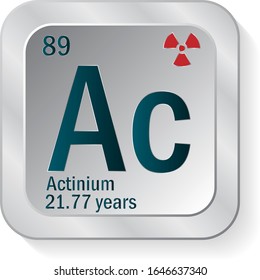Actinium or Ac periodic table element icon on silver metallic button with radioactive sign and Half-life of Most
Stable Isotope vector illustration.