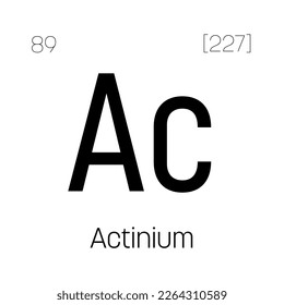 Actinium, Ac, periodic table element with name, symbol, atomic number and weight. Radioactive element with potential uses in cancer treatment and as a neutron source for scientific research.