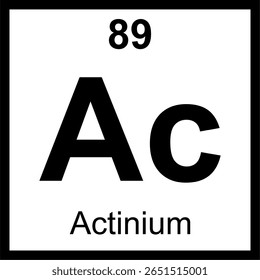 Quadro periódico de actínio (Ac) dos elementos. Ícone com número atômico 89. Um elemento radioativo e o primeiro da série de actinídeos.