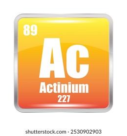 Ícone de actínio. Elemento químico de carbono. Número atômico 89. Massa 227. Imagem quadrada amarela.