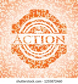 Action abstract emblem, orange mosaic background