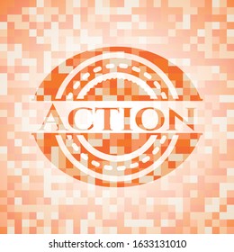 Action abstract emblem, orange mosaic background