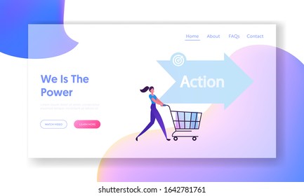 Action AIDA Step Website Landing Page. Happy Woman Buyer Pushing Shopping Cart. Attention Interest Desire Stages in Sales Funnel, Business Strategy Web Page Banner. Cartoon Flat Vector Illustration