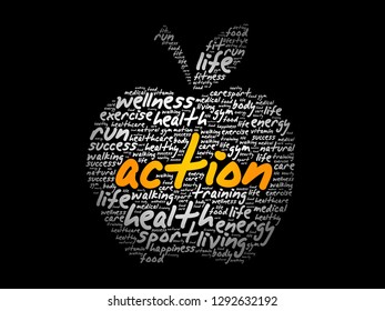 ACTION apple word cloud collage, health concept background
