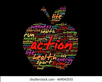 ACTION apple word cloud collage, health concept background