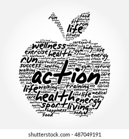 ACTION apple word cloud collage, health concept background