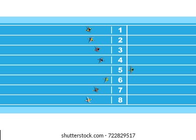 action of athletes at finishing line running tracks in top view