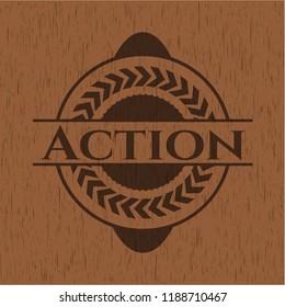 Action badge with wooden background