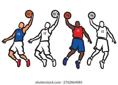 Action basketball player vector illustration, slam dunk athlete pose, sports silhouette set, active competition.