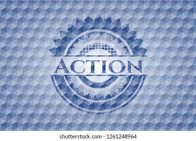 Action blue emblem with geometric pattern background.