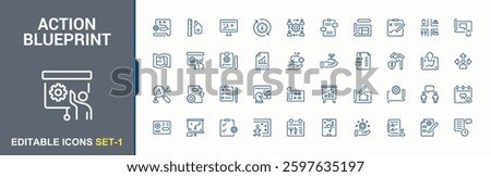 Action Blueprint icon. Containing achieve, objective, schedule, resources, project, training, implementation, act. Action Plan icon set. Expanded stroke. Minimalistic icon collections.