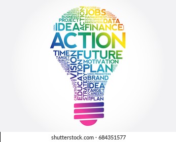 ACTION bulb word cloud collage, business concept background