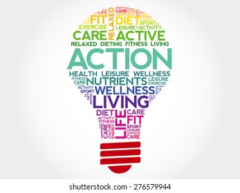 Action bulb word cloud, health concept