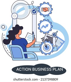 Action business plan, development strategies, foreseeing market risks. Company success secret, idea growing business achieve target metaphor, study production and sales market. Strategic biz planning
