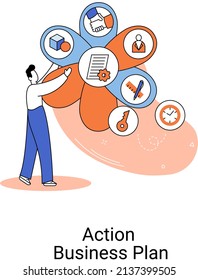 Action business plan, development strategies, foreseeing market risks. Company success secret, idea growing business achieve target metaphor, study production and sales market. Strategic biz planning