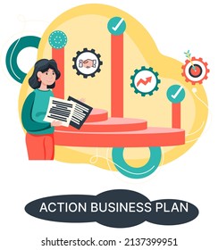 Action business plan, development strategies, foreseeing market risks. Company success secret, idea growing business achieve target metaphor, study production and sales market. Strategic biz planning