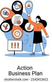 Action business plan, development strategies, foreseeing market risks. Company success secret, idea growing business achieve target metaphor, study production and sales market. Strategic biz planning