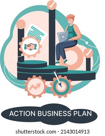Action business plan, development strategies, foreseeing market risks. Company success secret, idea growing business achieve target metaphor, study production and sales market. Strategic biz planning