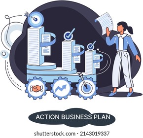 Action business plan, development strategies, foreseeing market risks. Company success secret, idea growing business achieve target metaphor, study production and sales market. Strategic biz planning