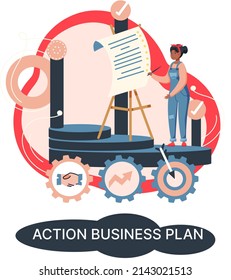 Action business plan, development strategies, foreseeing market risks. Company success secret, idea growing business achieve target metaphor, study production and sales market. Strategic biz planning