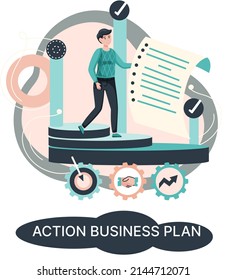 Action business plan, development strategies, foreseeing market risks. Company success secret, idea growing business achieve target metaphor, study production and sales market. Strategic biz planning