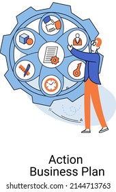 Action business plan, development strategies, foreseeing market risks. Company success secret, idea growing business achieve target metaphor, study production and sales market. Strategic biz planning