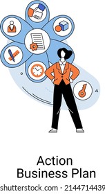 Action business plan, development strategies, foreseeing market risks. Company success secret, idea growing business achieve target metaphor, study production and sales market. Strategic biz planning