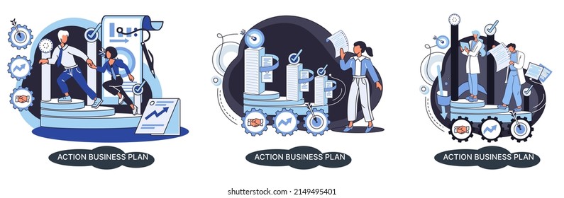 Action business plan, development strategies, foreseeing market risks. Company success secret, idea growing business achieve target metaphor, study production and sales market. Strategic biz planning