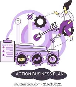 Action business plan, development strategies, foreseeing market risks. Company success secret, idea growing business achieve target metaphor, study production and sales market. Strategic biz planning