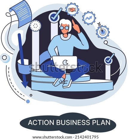 Action business plan, development strategies, foreseeing market risks. Company success secret, idea growing business achieve target metaphor, study production and sales market. Strategic biz planning