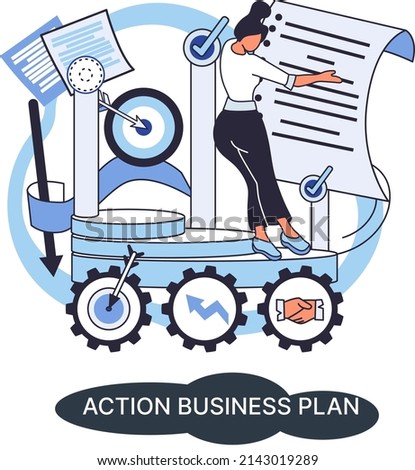 Action business plan, development strategies, foreseeing market risks. Company success secret, idea growing business achieve target metaphor, study production and sales market. Strategic biz planning