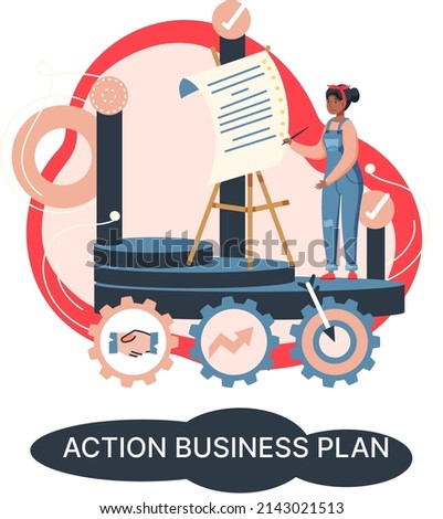 Action business plan, development strategies, foreseeing market risks. Company success secret, idea growing business achieve target metaphor, study production and sales market. Strategic biz planning