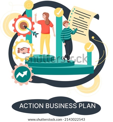 Action business plan, development strategies, foreseeing market risks. Company success secret, idea growing business achieve target metaphor, study production and sales market. Strategic biz planning