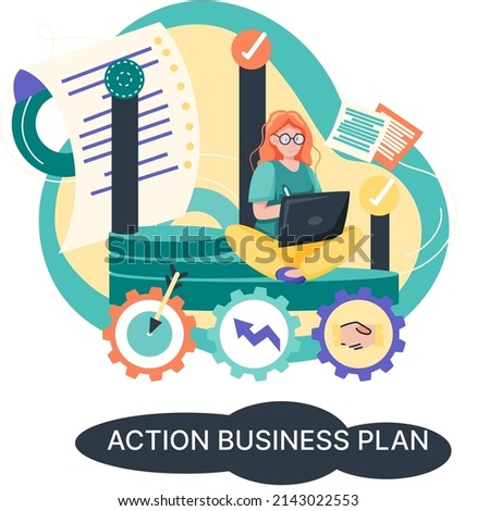 Action business plan, development strategies, foreseeing market risks. Company success secret, idea growing business achieve target metaphor, study production and sales market. Strategic biz planning