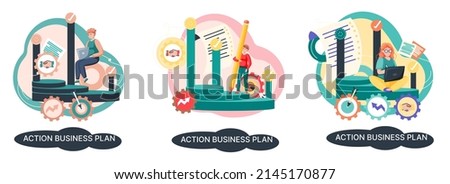 Action business plan, development strategies, foreseeing market risks. Company success secret, idea growing business achieve target metaphor, study production and sales market. Strategic biz planning