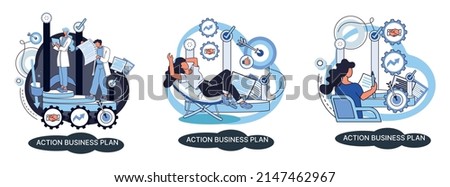 Action business plan, development strategies, foreseeing market risks. Company success secret, idea growing business achieve target metaphor, study production and sales market. Strategic biz planning